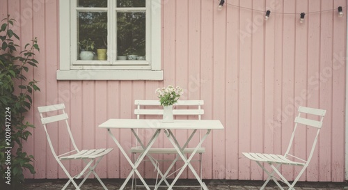 White wooden bistro set on a garden patio against a pink clapboard wall.