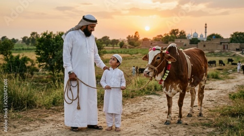 Father and Son Walking Cow on Rural Dirt Path at Sunset Eid al-Adha Qurbani