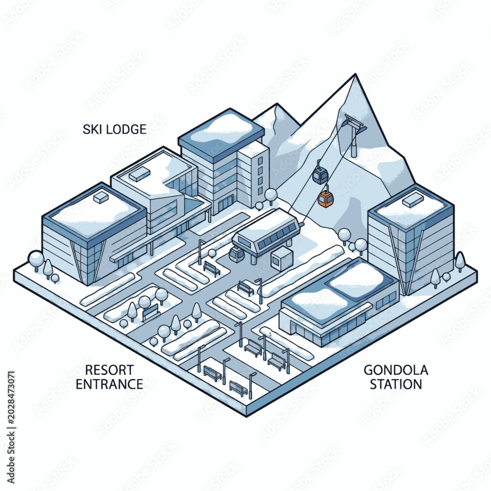 Naklejka premium Isometric illustration of a ski resort with a ski lodge, gondola station, and resort entrance.