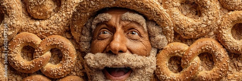 Man with Beard Surrounded by Pretzels