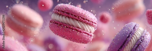 Colorful Macarons with Sprinkles on a Purple Background