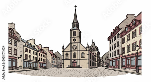 Old European street scene with a prominent church and historic buildings under a white sky