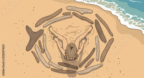 Person relaxing on sandy beach surrounded by driftwood and gentle waves