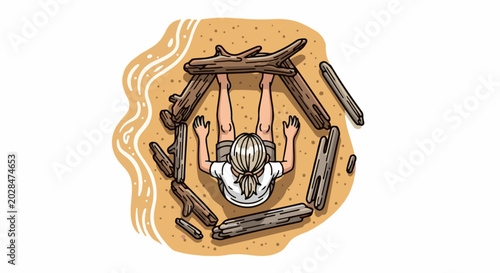 Person sitting inside a driftwood fort on a sandy beach with wavy water