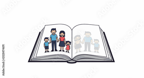 Open book displays families, one clear, one faded, symbolizing stories and memories