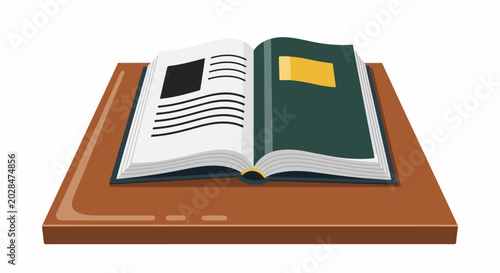 Open book with black and white pages on a wooden surface