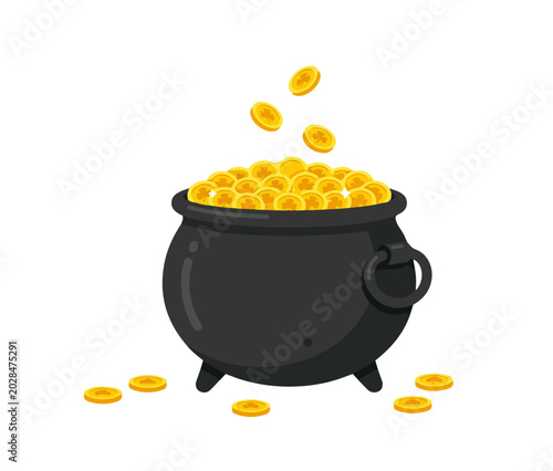 Saint Patricks Day vector illustration containing pot of gold, golden coins with clover shamrock leaves, black cauldron, falling money wealth luxury symbol.