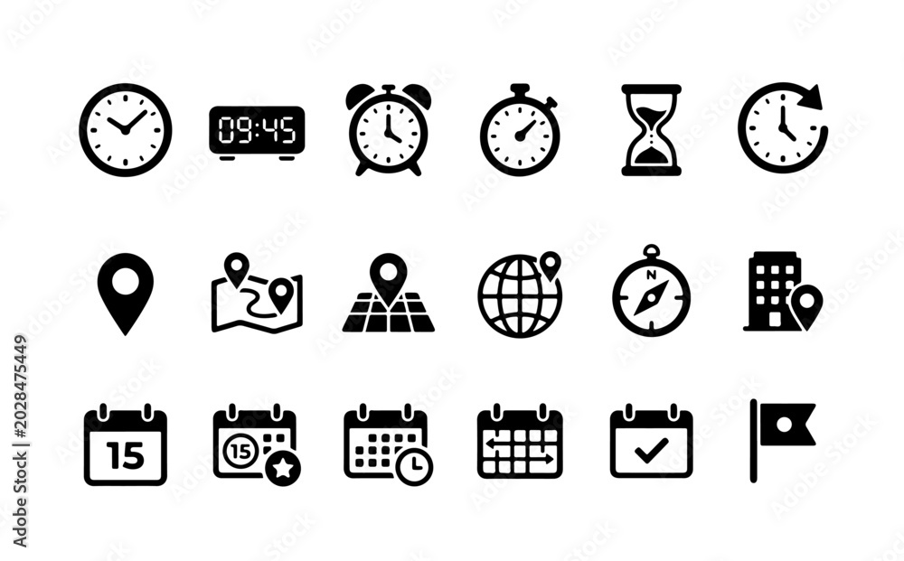 Fototapeta premium Time, map navigation, and calendar vector glyph icon set containing clock, alarm, stopwatch, hourglass, location pin, compass, building, date schedule, flag.