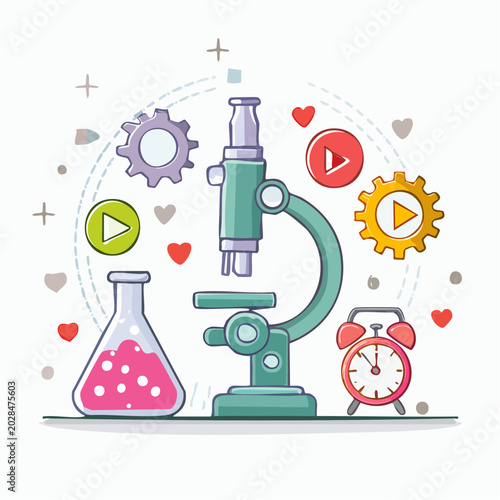Science and Education Concept with Microscope and Play Buttons