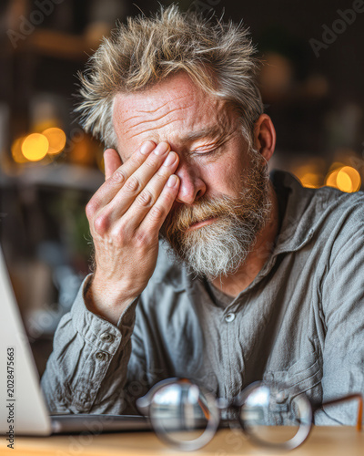 A bearded man with disheveled hair sits at a laptop, covering one eye with his hand, appearing stressed or tired.