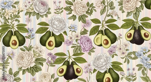 Seamless Tropical Avocado and Floral Rose Botanical Illustration Pattern for Wallpaper and Fabric