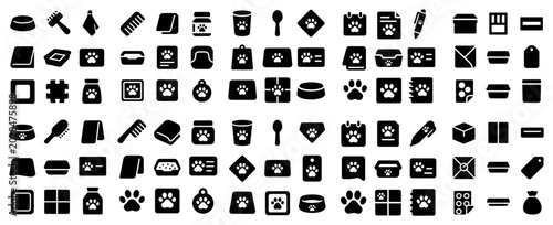 Pet care and utility symbols design icons with paw bag jar for digital presentation in bold style
