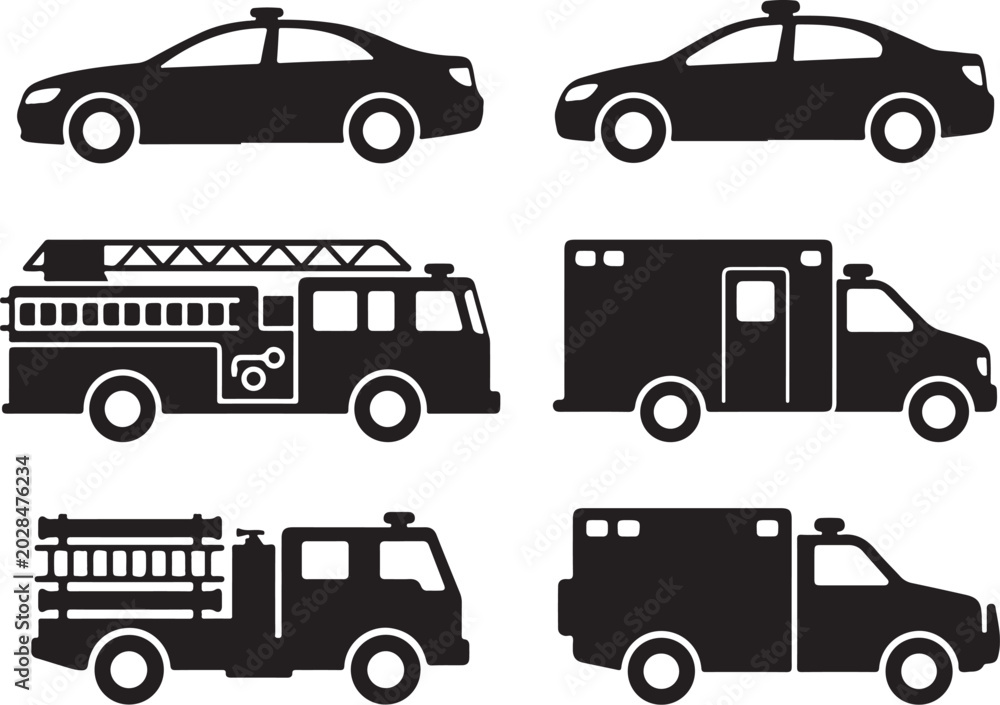 Fototapeta premium Vehicle icons, emergency response vehicles, transportation symbols, black silhouette graphics