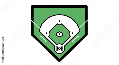 Photos A simplified graphic illustration of a baseball diamond with a green field, white infield, home plate, pitcher's mound, and bases