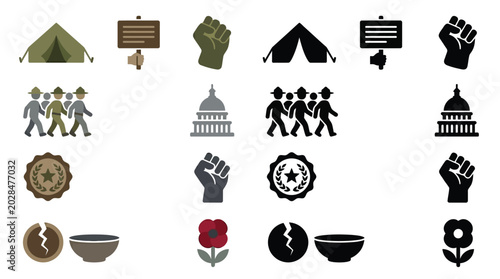 Photos Collection of icons representing protest, activism, and social issues including tents, signs, raised fists, marching figures, government buildings, badges, broken eggs, bowls, and flowers