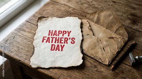 Happy Father's Day card on a rustic wooden table near a window