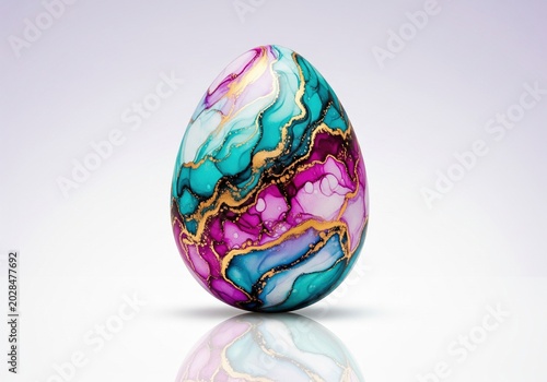 Creative Easter egg with purple and turquoise abstract fluid art pattern on white background