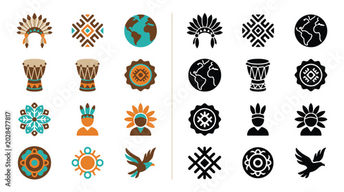 Obraz na płótnie Collection of Native American and Tribal Icons in Color and Black and White