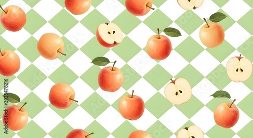 Seamless pattern with fresh whole and sliced red apples scattered on a bright green and white checkerboard background, ideal for healthy food, culinary, and playful graphic designs