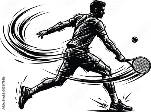 Canvastavla Dynamic black and white vector illustration of a male tennis player hitting a po