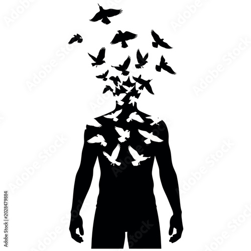 Silhouette of a person with birds flying out of their head.