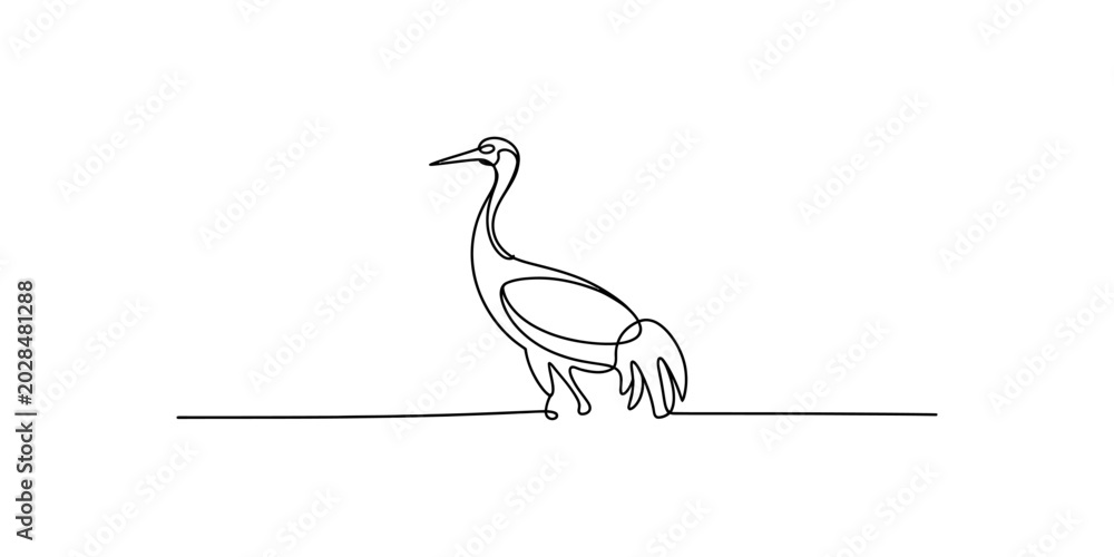 Fototapeta premium One Line Drawing of a Crane Bird Standing on a White Background
