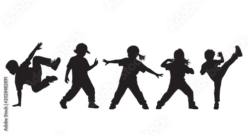 Schilderij op canvas dancing children silhouettes against a white background