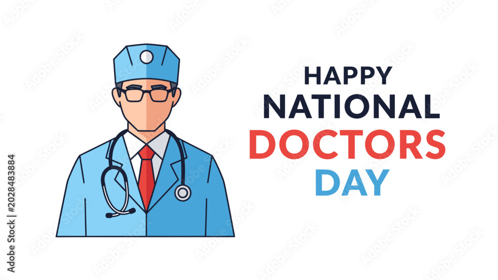 Fototapeta premium Male Doctor Character Vector Illustration with Happy National Doctors Day Text and Copy Space for Design and Social Media