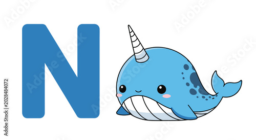 Letter N Alphabet Character with a Cute Cartoon Narwhal Vector Illustration for Educational Design