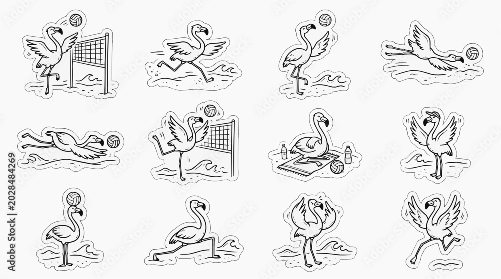 Obraz premium Cute Flamingo Playing Beach Volleyball Sticker Set Cartoon Bird Summer Sports Training Activities Line Art Illustration