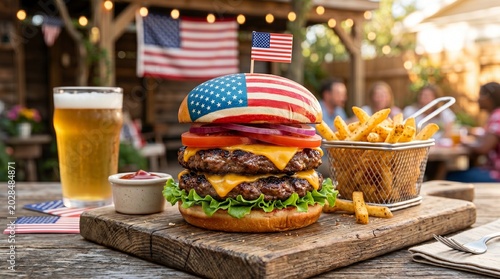 Delicious american burger with cheese and fries on a wooden table at an outdoor party