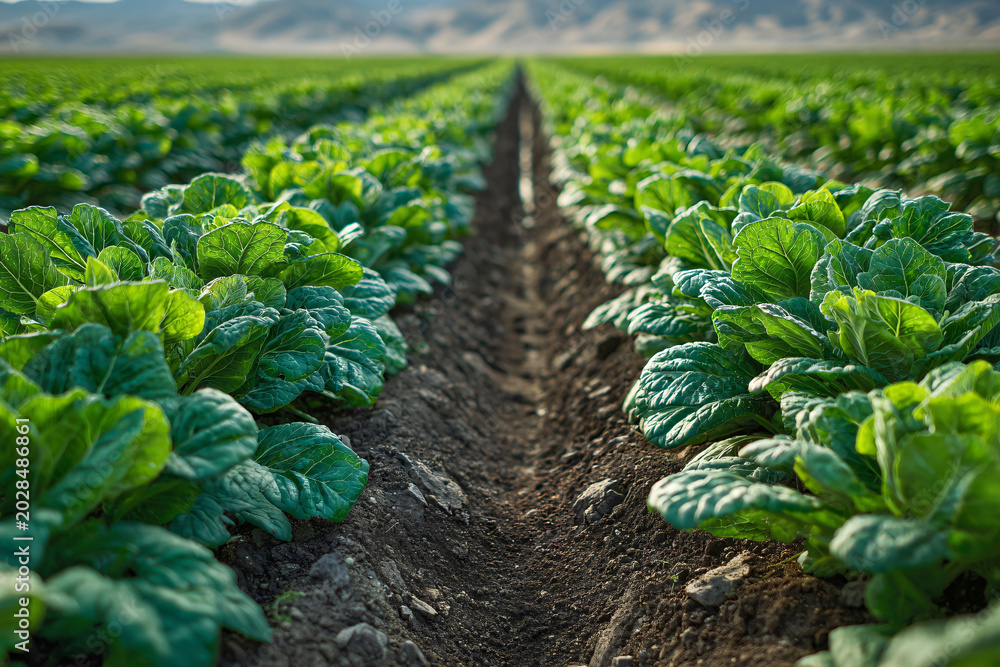 Naklejka premium Rows of fresh green leafy vegetables growing in a large agricultural field
