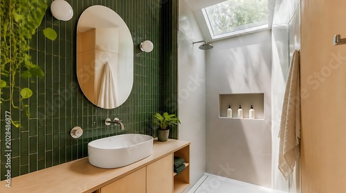 Modern bathroom design with green tiled wall, oval mirror, and wooden vanity.