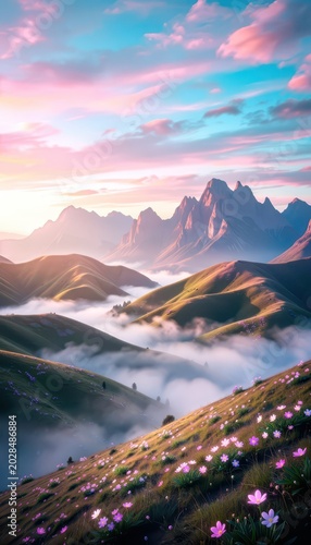 Mountain Valley at Sunrise with Mist and Wildflowers