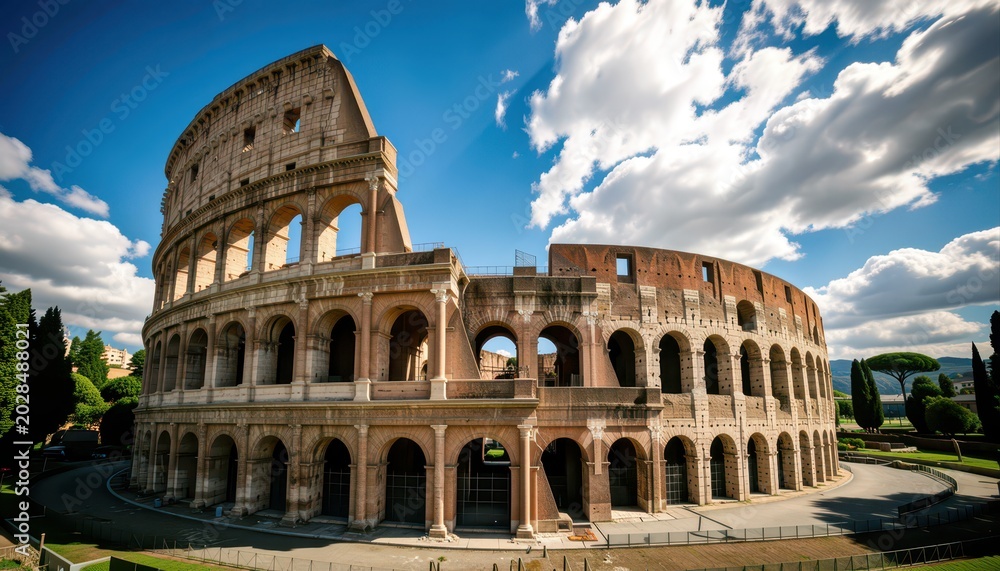 Fototapeta premium Roman Colosseum under Bright Blue Sky with Fluffy Clouds