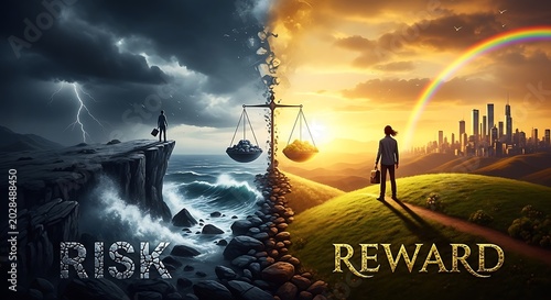 Risk versus reward concept depicted with symbolic imagery and balanced scales