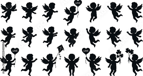 Foto Cupid Angel Silhouette Vector Icon Set Featuring Little Cherubs with Hearts and