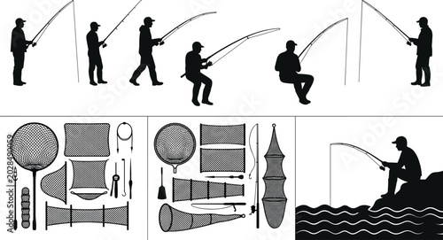 Bild auf Leinwand Fishing silhouettes set anglers casting rods nets and equipment isolated black f
