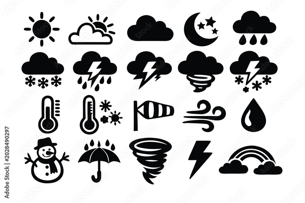 Fototapeta premium Weather Icon Set with Bold Black and White Simple Flat Vector Illustrations Featuring Sun, Clouds, Rain, Snow, Thunderstorm, Tornado, Thermometer, Snowman, Umbrella, Lightning, and Rainbow Symbols