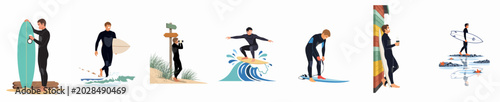 Foto Collection of male surfer characters in wetsuits engaged in various beach and water activities from surfing to preparing equipment
