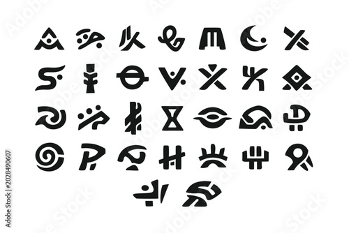 Collection of Alien Alphabet Symbols and Futuristic Gyphs for Sci-Fi Design, Exraterrestrial Writing Systm with Mysterious Signs, Cyptic Letters, and AncientHieroglyphs for Secret Cipers.