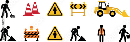 Fotografie Road Construction Site Flat Vector Icon Set Featuring Workers Warning Signs Yell