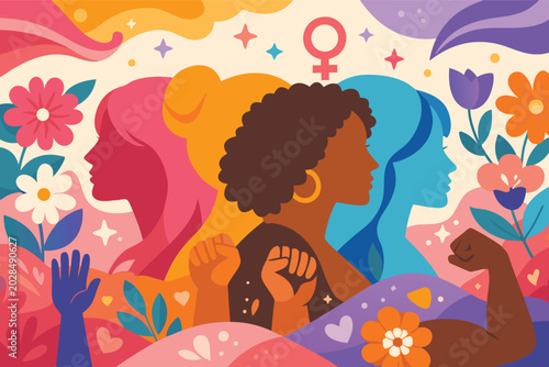 International Women's Day Illustration with Diverse Female Silhouettes, Raised Fists for Empowerment, Venus Symbol, and Colorful Flowers. Celebrating Feminism, Strength, and Equality on March 8th.