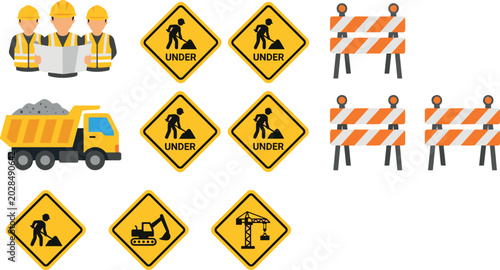 Fotografie Under Construction Site Vector Icon Set Featuring Yellow Road Warning Signs Engi