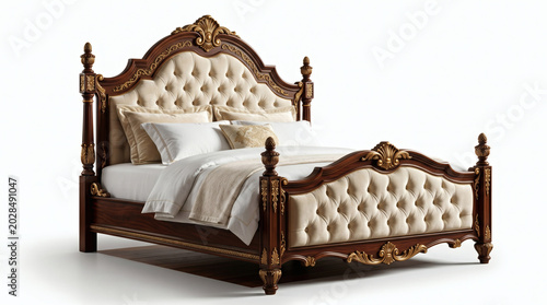 Luxurious wooden bed with tufted cream upholstery and gold ornate carvings.