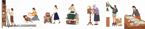Photos Set of illustrations featuring women working as archivists and librarians, researching historical manuscripts, organizing books, and managing ancient records in a library