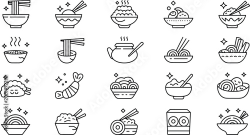Foto Asian food and noodle line icon vector set with ramen bowl sushi dim sum dumplin