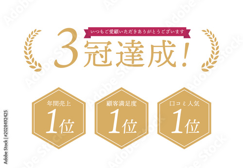 3冠達成のエンブレムとランキングバッジ素材セット 六角形 ゴールド ベクター