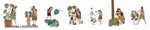 Valokuva Vector collection of female photographers in safari vests taking photos of various monstera plants and tropical greenery on a white background
