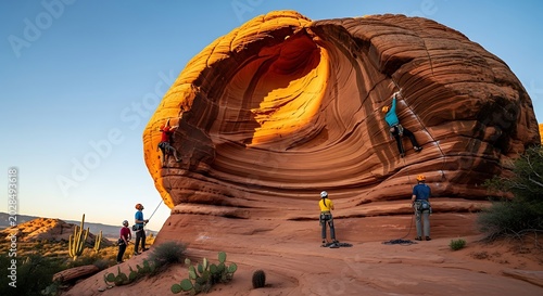 Rock climbers scaling a large sandstone formation during a sunny outdoor adventure